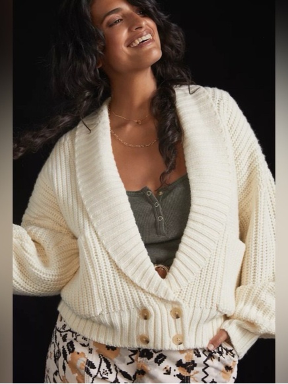 Anthropologie Shawl Collar Chunky Knit Sweater Cardigan - Cream